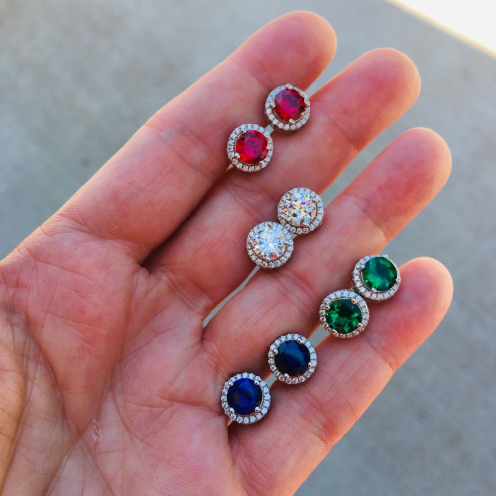 New! Anna Zuckerman Simulated Sapphire & Diamond Stud Earrings - Picture 6 of 6